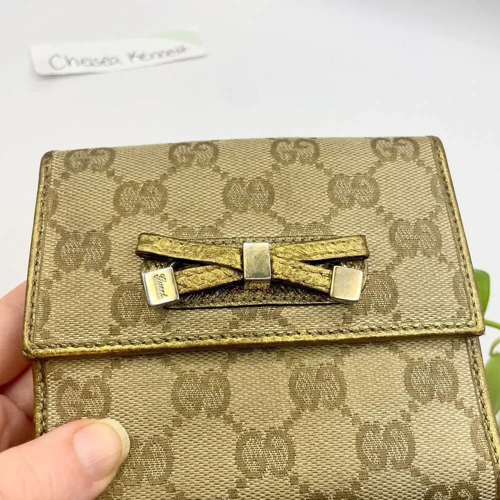 Gucci Gold Bow Beige Brown GG Canvas Leather Compact Square Wallet - Picture 2 of 10